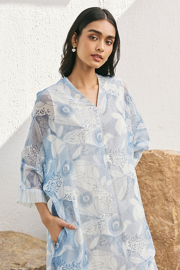 Powder Blue Muslin Cotton Printed Asymmetrical Summer Dress by Vaayu at Pernia's Pop Up Shop