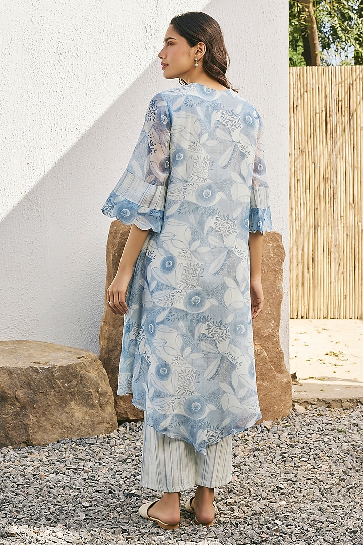 Powder Blue Muslin Cotton Floral Printed Asymmetrical Ombre Co-Ord Set Set by Vaayu at Pernia's Pop Up Shop