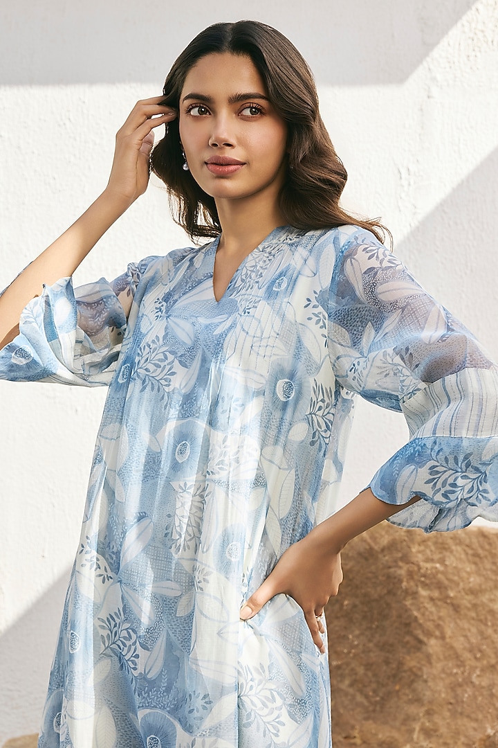 Powder Blue Muslin Cotton Floral Printed Asymmetrical Ombre Co-Ord Set Set by Vaayu at Pernia's Pop Up Shop