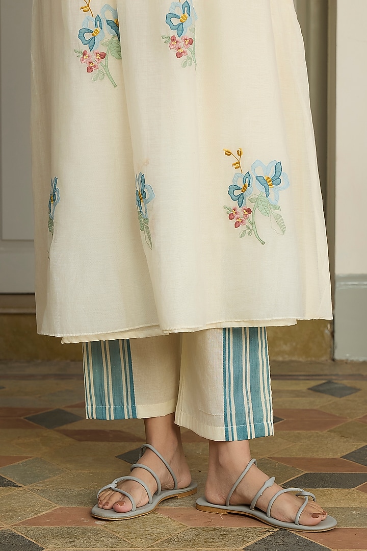 Ivory Muslin Cotton Floral Printed & Applique Embroidered Co-Ord Set by Vaayu at Pernia's Pop Up Shop