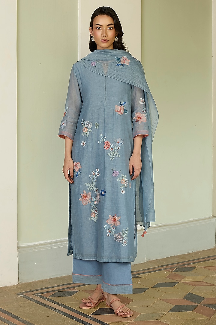 Mist Blue Muslin Cotton Applique Embroidered Kurta Set by Vaayu at Pernia's Pop Up Shop