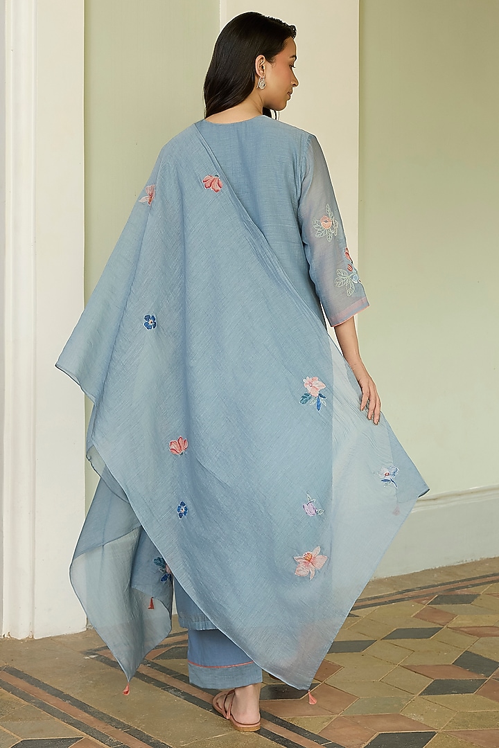 Mist Blue Muslin Cotton Applique Embroidered Kurta Set by Vaayu at Pernia's Pop Up Shop