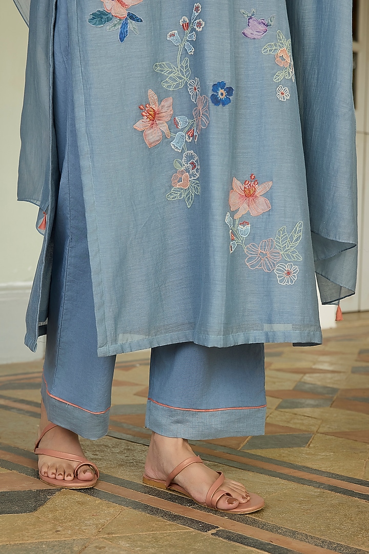 Mist Blue Muslin Cotton Applique Embroidered Kurta Set by Vaayu at Pernia's Pop Up Shop