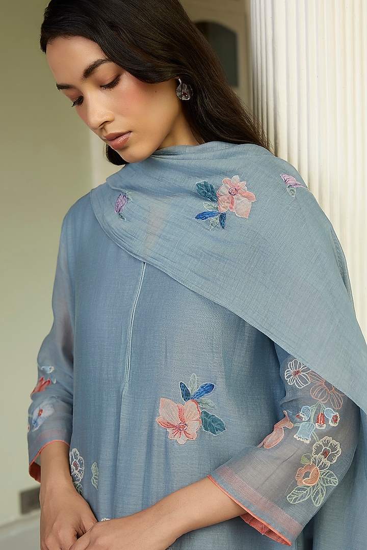 Mist Blue Muslin Cotton Applique Embroidered Kurta Set by Vaayu at Pernia's Pop Up Shop