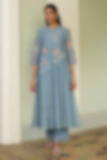 Mist Blue Muslin Cotton Applique Embroidered Co-Ord Set by Vaayu at Pernia's Pop Up Shop