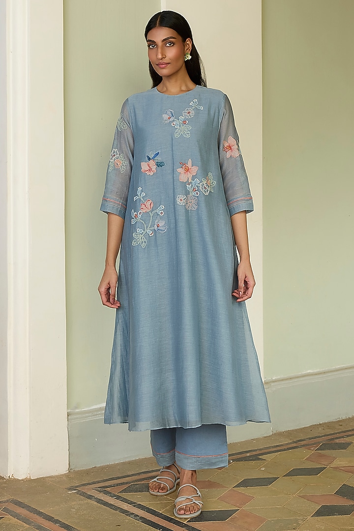 Mist Blue Muslin Cotton Applique Embroidered Co-Ord Set by Vaayu at Pernia's Pop Up Shop
