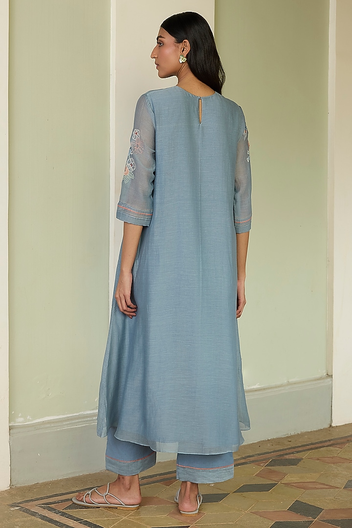 Mist Blue Muslin Cotton Applique Embroidered Co-Ord Set by Vaayu at Pernia's Pop Up Shop