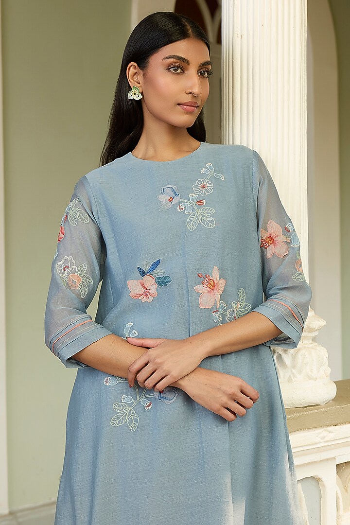 Mist Blue Muslin Cotton Applique Embroidered Co-Ord Set by Vaayu at Pernia's Pop Up Shop