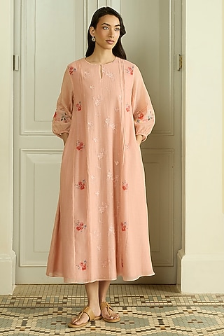 Blossom Muslin Cotton Floral Printed & Embroidered Dress by Vaayu
