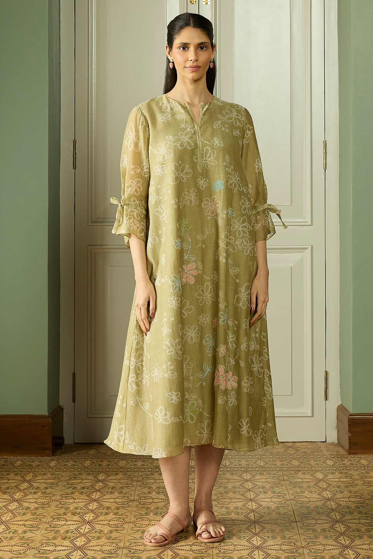 Vaayu Meadow Muslin Cotton Floral Printed & Embroidered Dress
