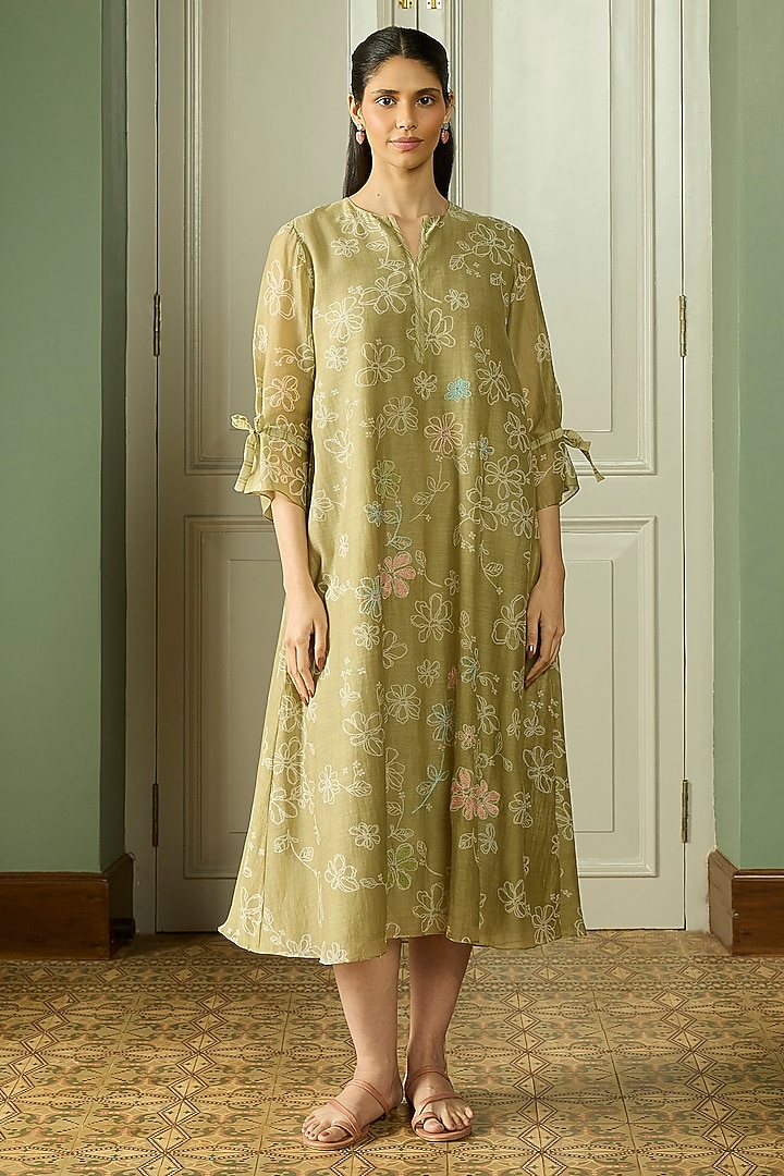 Meadow Muslin Cotton Floral Printed & Embroidered Summer Dress by Vaayu at Pernia's Pop Up Shop