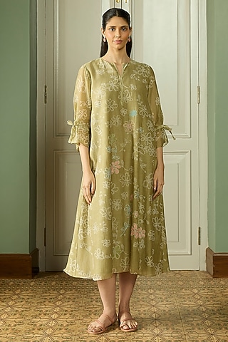Meadow Muslin Cotton Floral Printed & Embroidered Dress by Vaayu