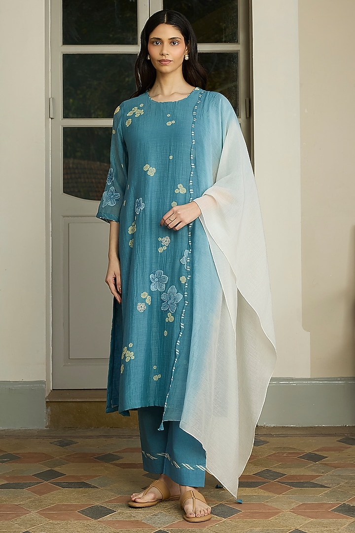 Ocean Blue Muslin Cotton Floral Printed & Embroidered Kurta Set by Vaayu at Pernia's Pop Up Shop