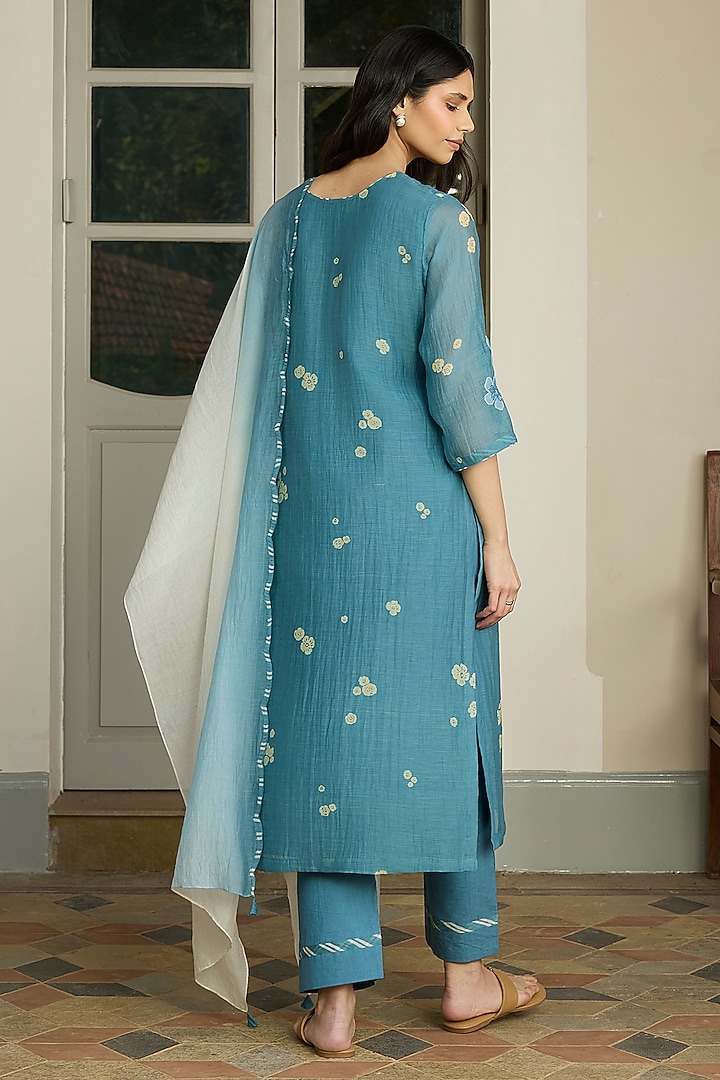 Ocean Blue Muslin Cotton Floral Printed & Embroidered Kurta Set by Vaayu at Pernia's Pop Up Shop