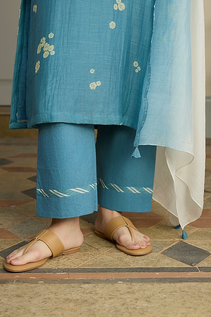 Ocean Blue Muslin Cotton Floral Printed & Embroidered Kurta Set by Vaayu at Pernia's Pop Up Shop