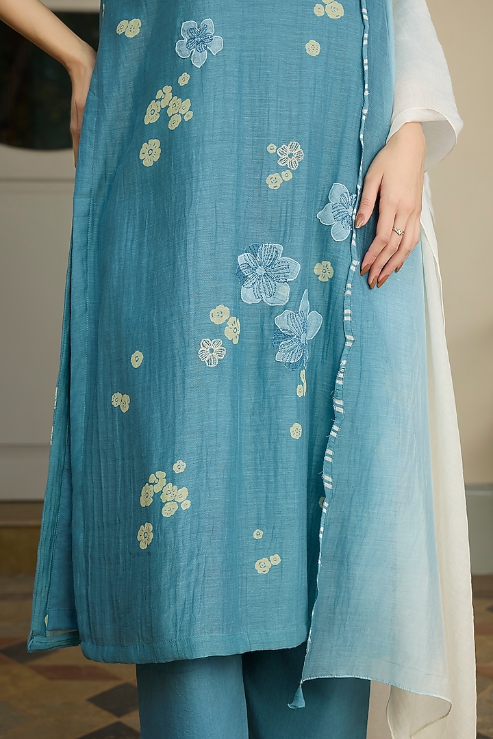 Ocean Blue Muslin Cotton Floral Printed & Embroidered Kurta Set by Vaayu at Pernia's Pop Up Shop