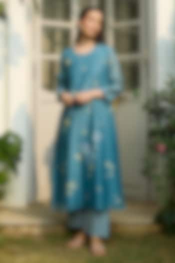 Ocean Blue Muslin Cotton Floral Printed & Embroidered Co-Ord Set by Vaayu at Pernia's Pop Up Shop