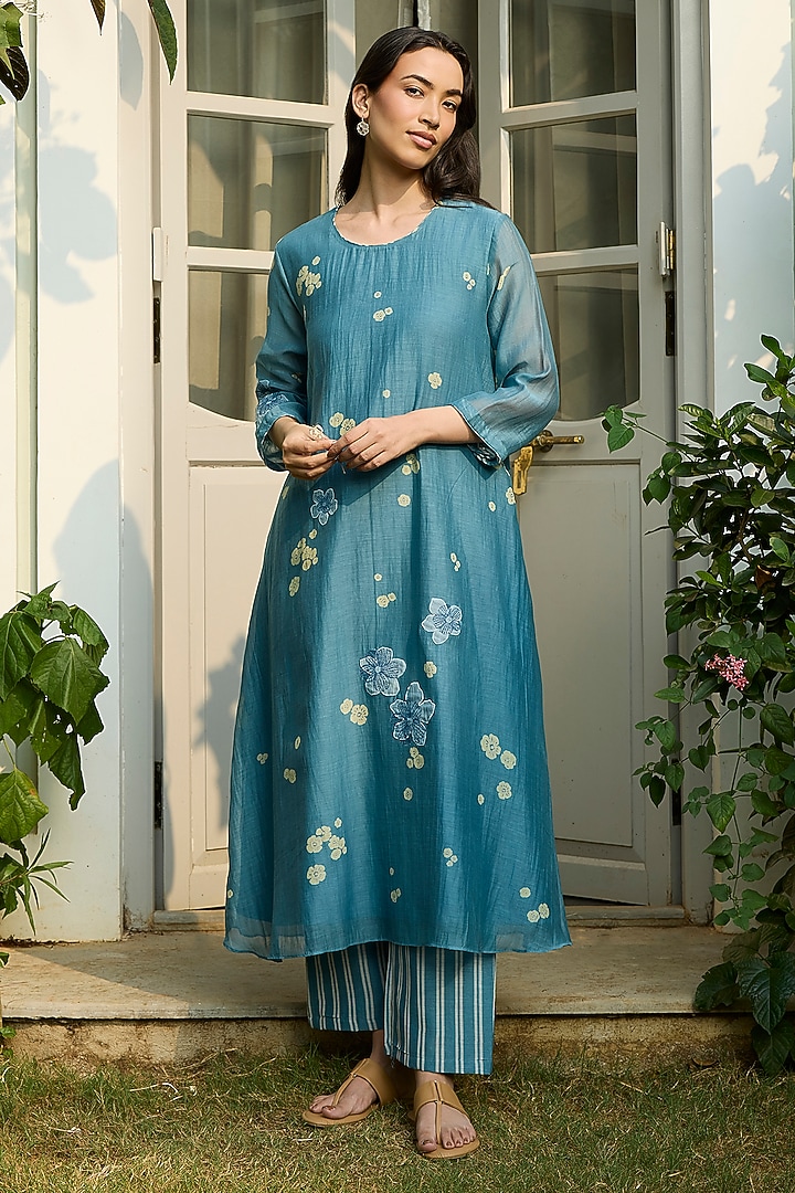 Ocean Blue Muslin Cotton Floral Printed & Embroidered Co-Ord Set by Vaayu at Pernia's Pop Up Shop
