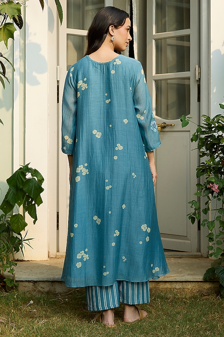 Ocean Blue Muslin Cotton Floral Printed & Embroidered Co-Ord Set by Vaayu at Pernia's Pop Up Shop