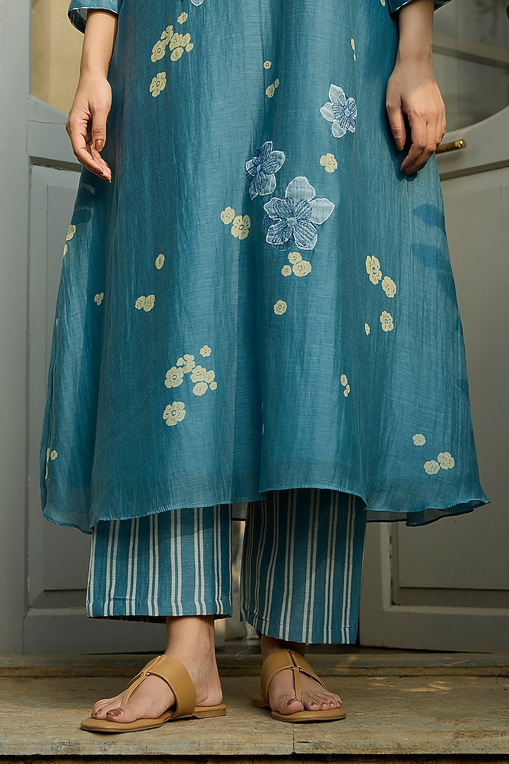 Ocean Blue Muslin Cotton Floral Printed & Embroidered Co-Ord Set by Vaayu at Pernia's Pop Up Shop