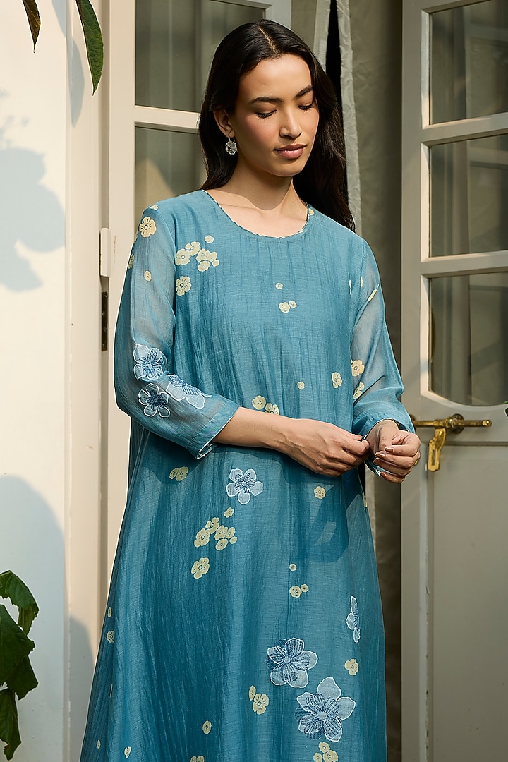 Ocean Blue Muslin Cotton Floral Printed & Embroidered Co-Ord Set by Vaayu at Pernia's Pop Up Shop