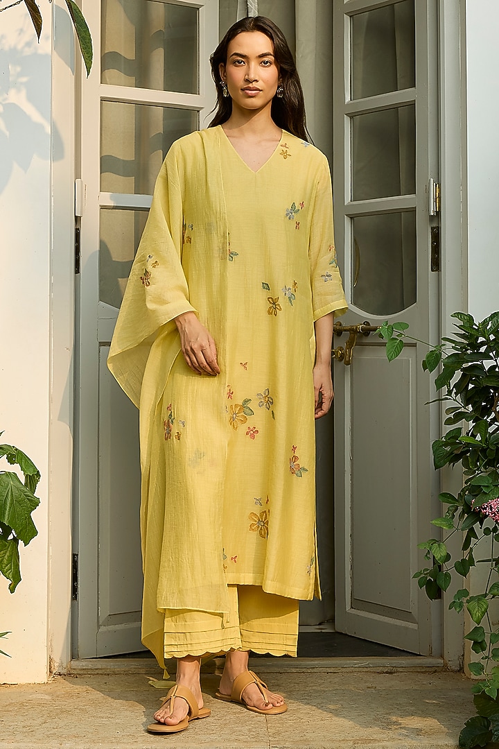 Lemon Muslin Cotton Floral Printed & Embroidered Kurta Set by Vaayu at Pernia's Pop Up Shop
