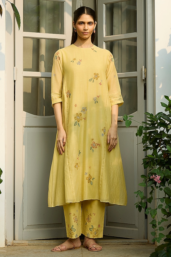 Lemon Muslin Cotton Floral Printed & Embroidered Co-Ord Set by Vaayu at Pernia's Pop Up Shop