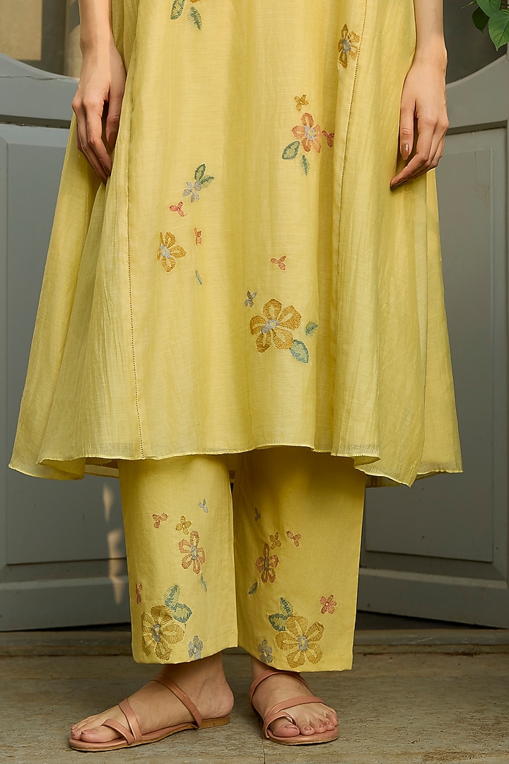 Lemon Muslin Cotton Floral Printed & Embroidered Co-Ord Set by Vaayu at Pernia's Pop Up Shop