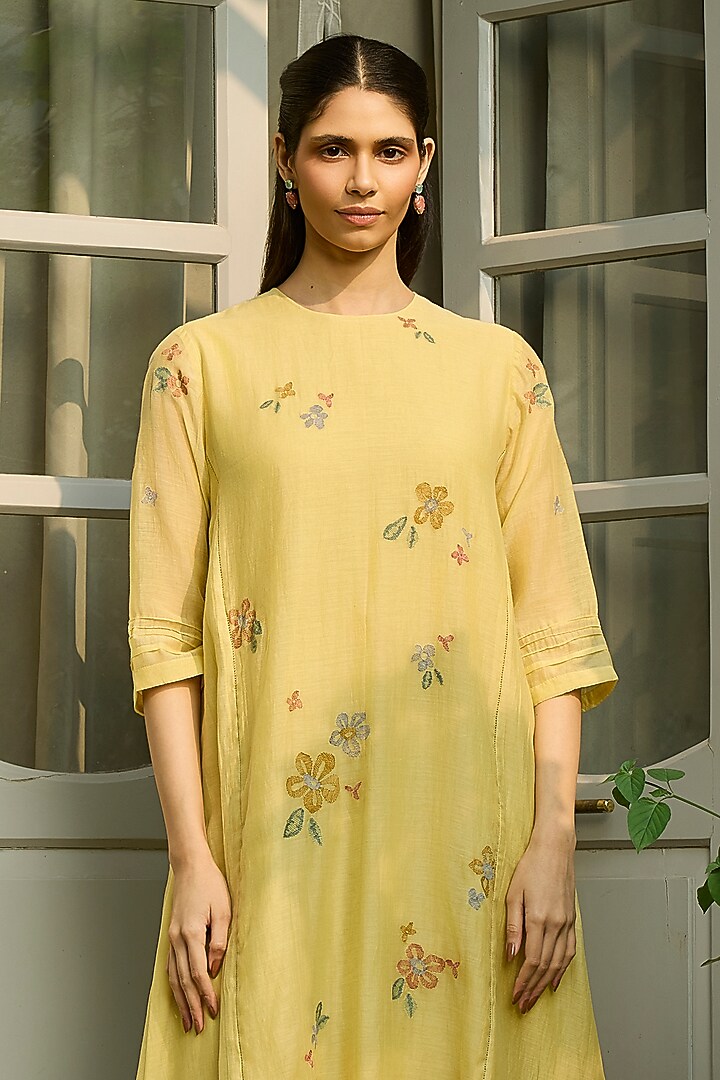 Lemon Muslin Cotton Floral Printed & Embroidered Co-Ord Set by Vaayu at Pernia's Pop Up Shop
