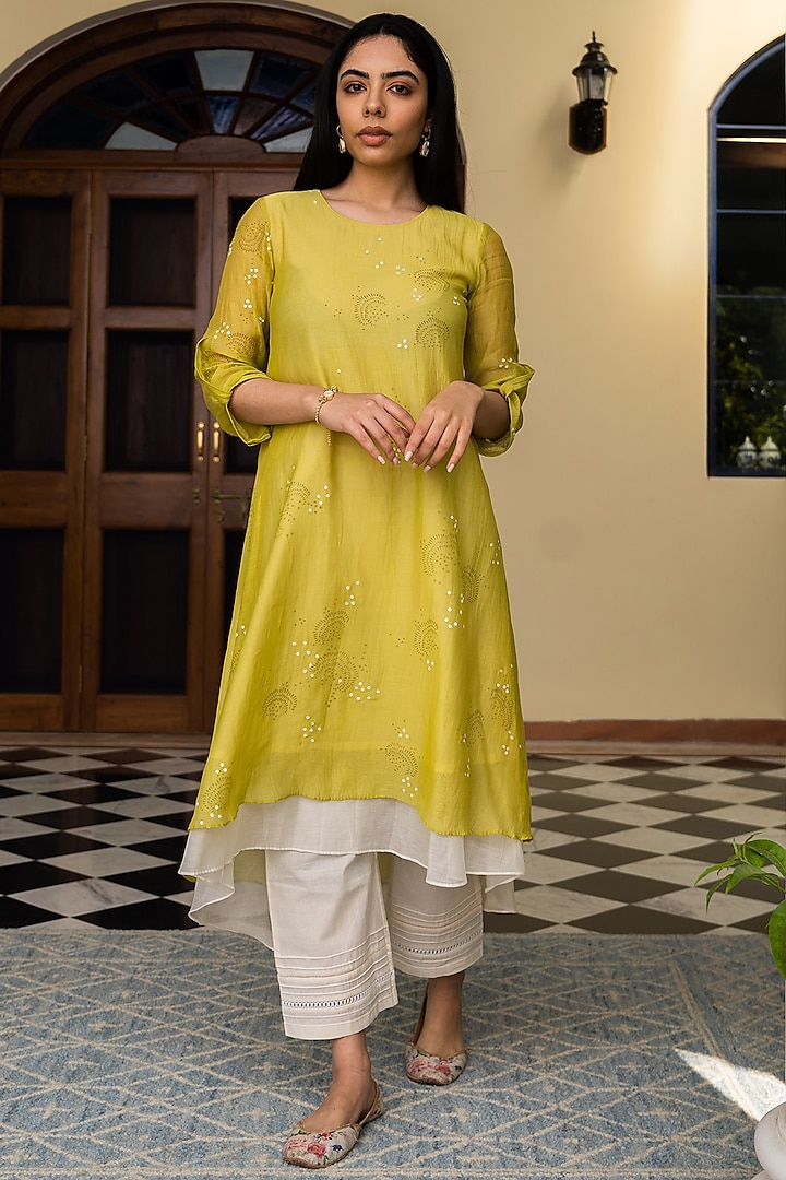 Lime Embroidered Asymmetrical Kurta Set by Vaayu