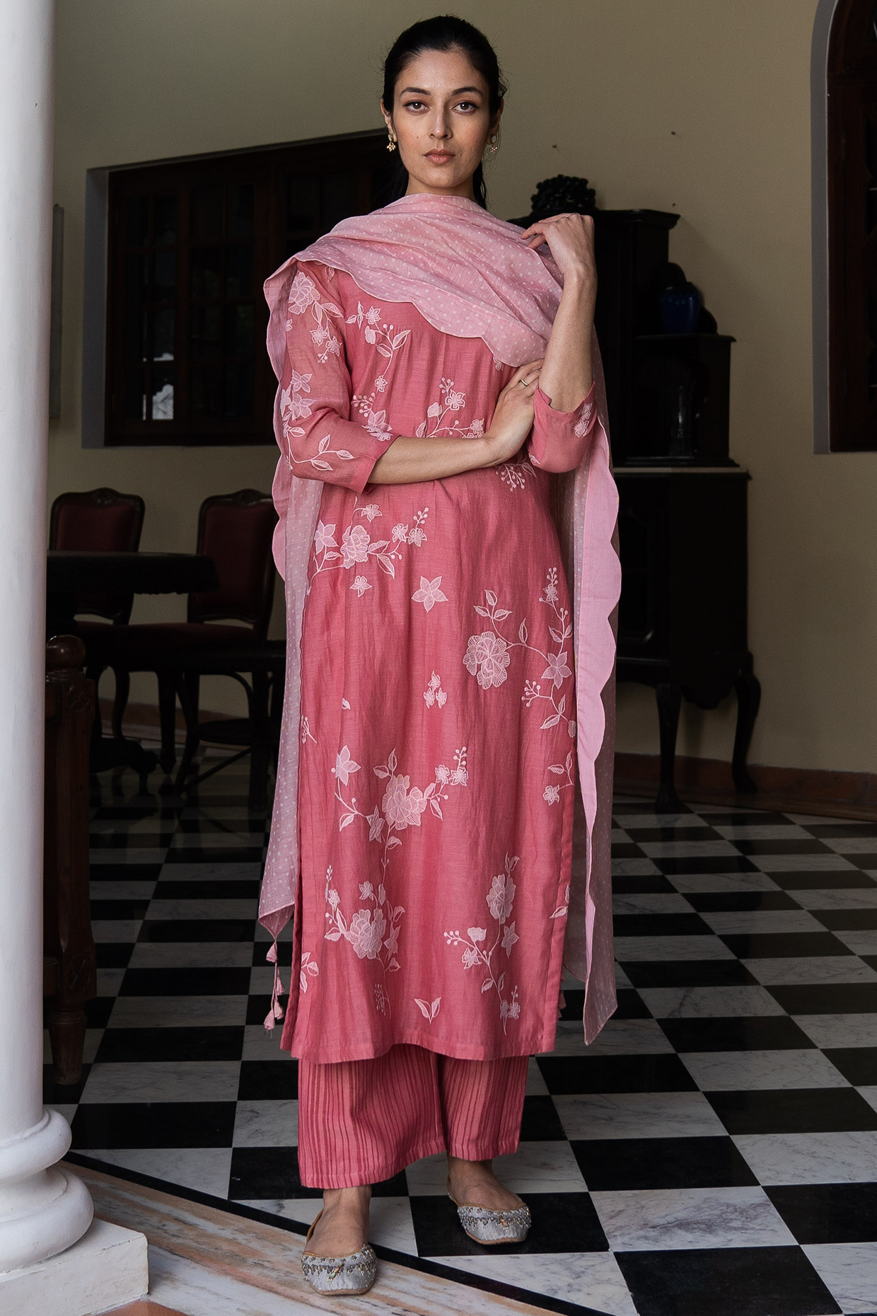 Hibiscus Pink Muslin Cotton Kurta Set by Vaayu at Pernia's Pop Up Shop