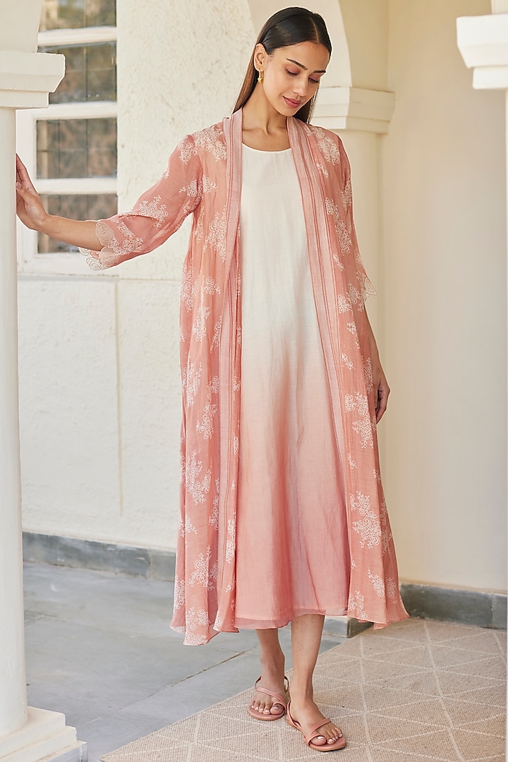 Hibiscus Pink & Pearl White Ombre Cotton Printed Jacket Dress by Vaayu