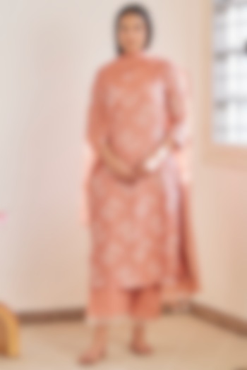 Hibiscus Pink Cotton Printed & Embroidered Kurta Set by Vaayu at Pernia's Pop Up Shop