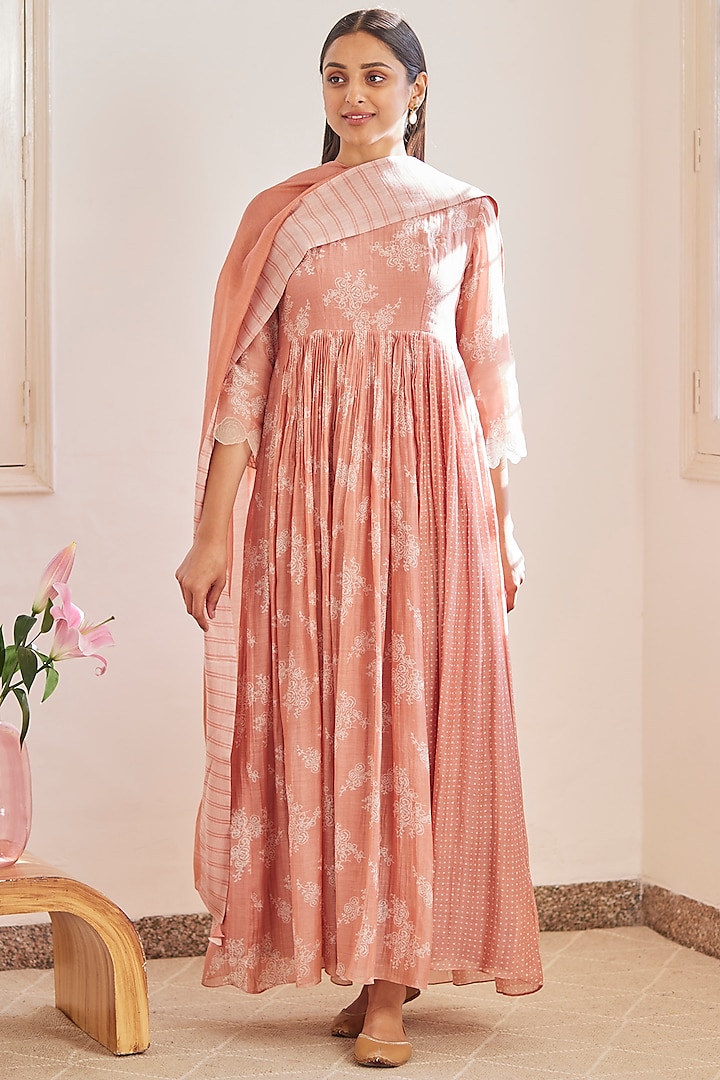 Hibiscus Pink Cotton Printed & Embroidered Anarkali Set by Vaayu