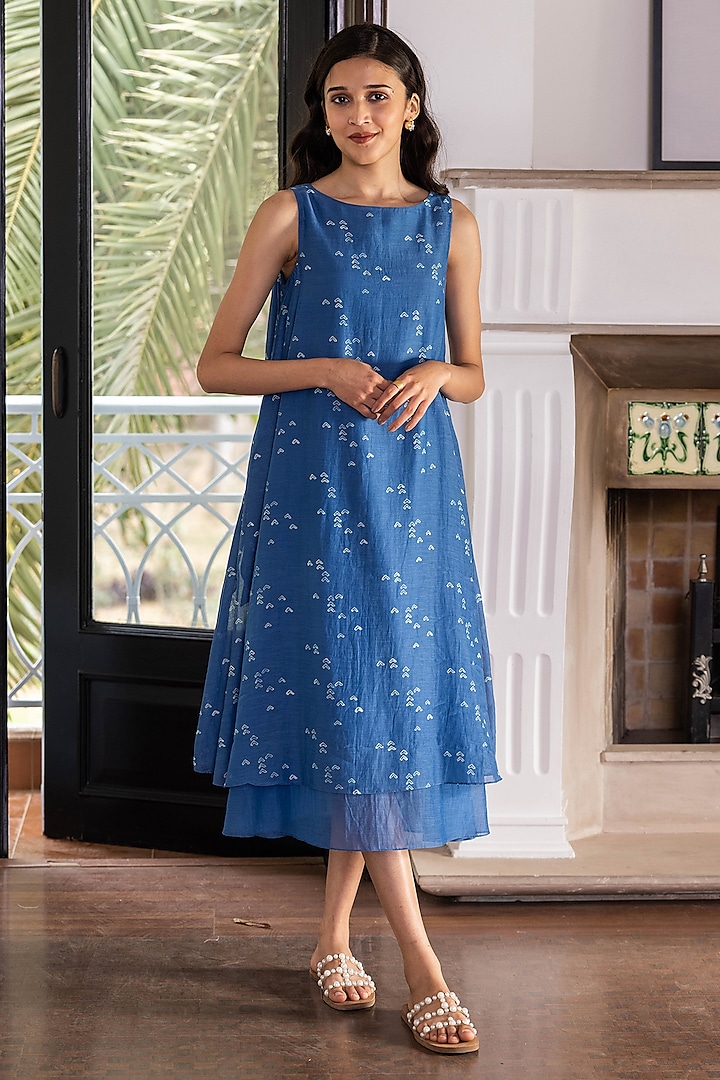 Ocean Blue Muslin Cotton Geometric Printed Dress by Vaayu
