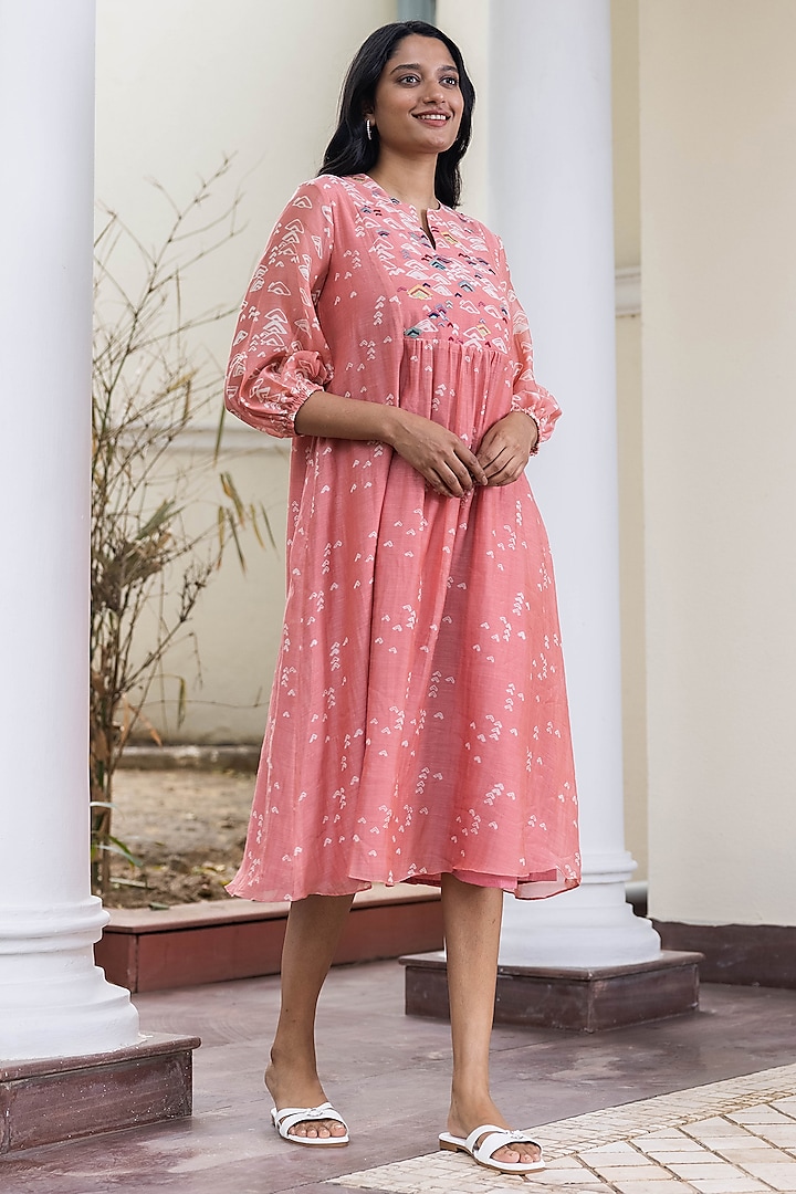Coral Muslin Cotton Embroidered & Geometric Printed Dress by Vaayu
