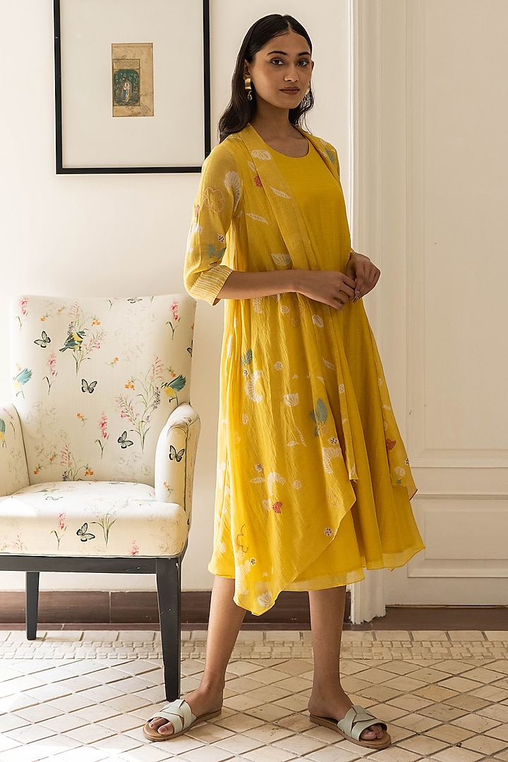 Rue Yellow Muslin Cotton Floral Embroidered Jacket Dress by Vaayu