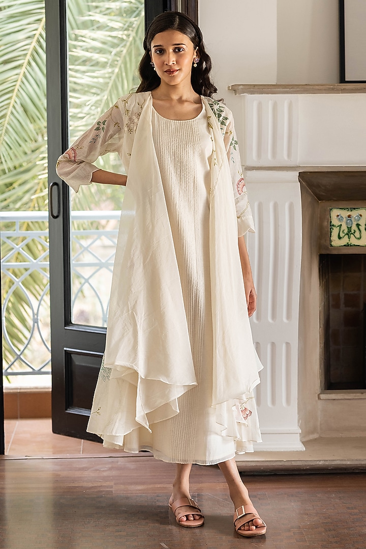 Pearl White Muslin Cotton Thread Embroidered Jacket Dress by Vaayu