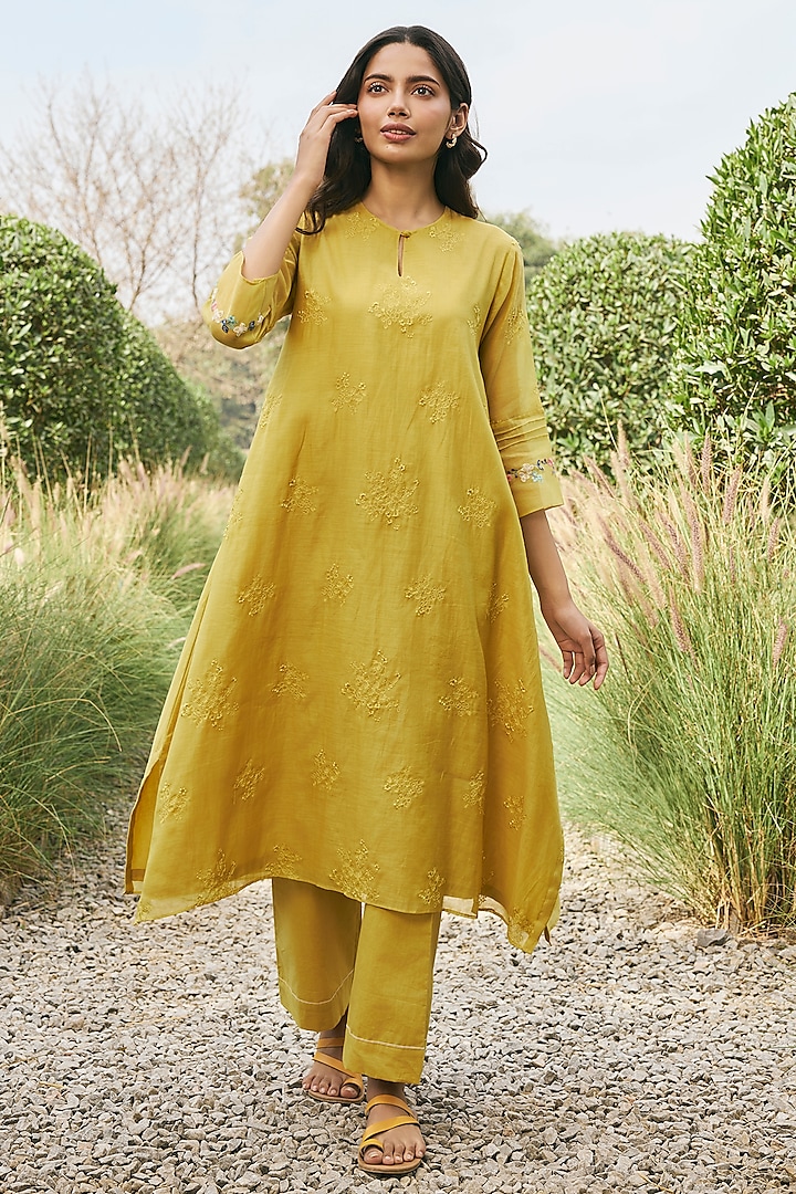 Daffodil Yellow Muslin Cotton Thread Embroidered Co-Ord Set by Vaayu at Pernia's Pop Up Shop