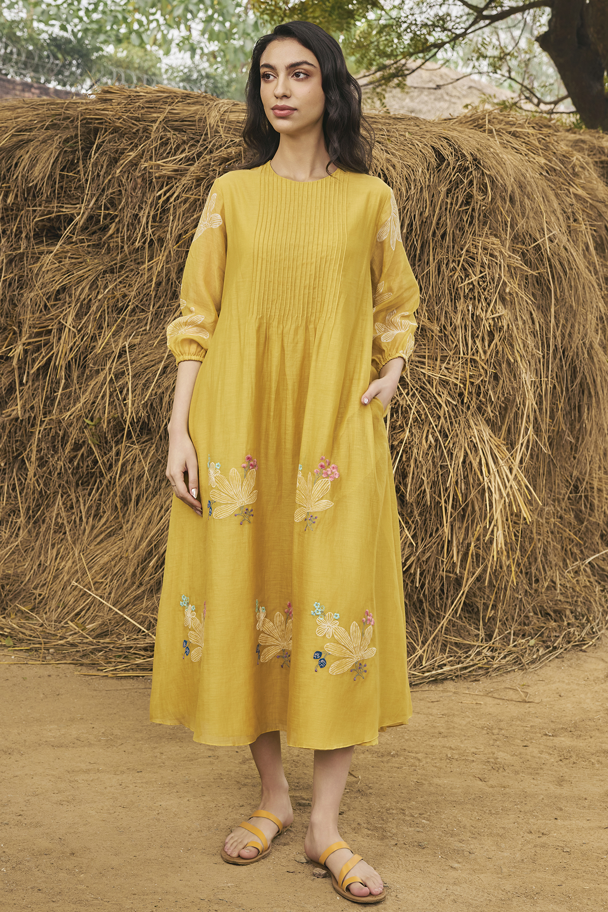 Daffodil Yellow Muslin Cotton Floral Embroidered Dress by Vaayu at Pernia's Pop Up Shop