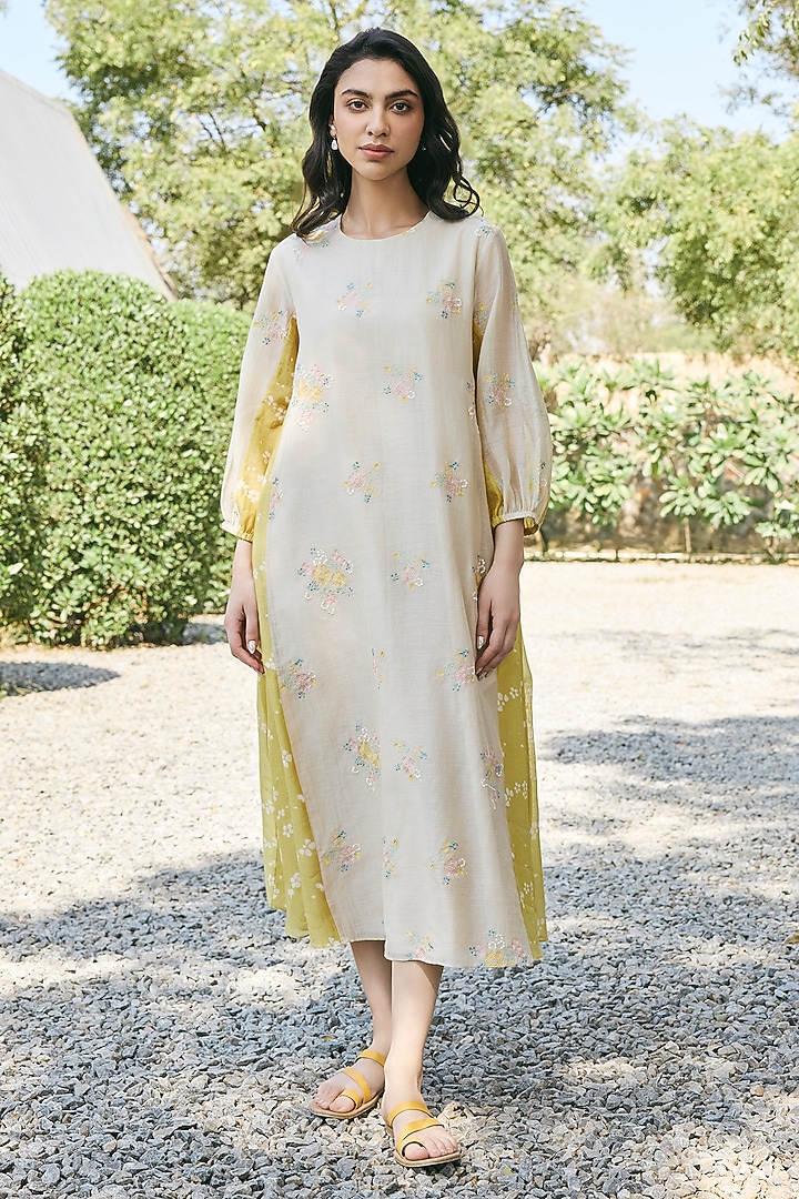 Ecru Muslin Cotton Floral Embroidered & Printed Summer Dress by Vaayu at Pernia's Pop Up Shop