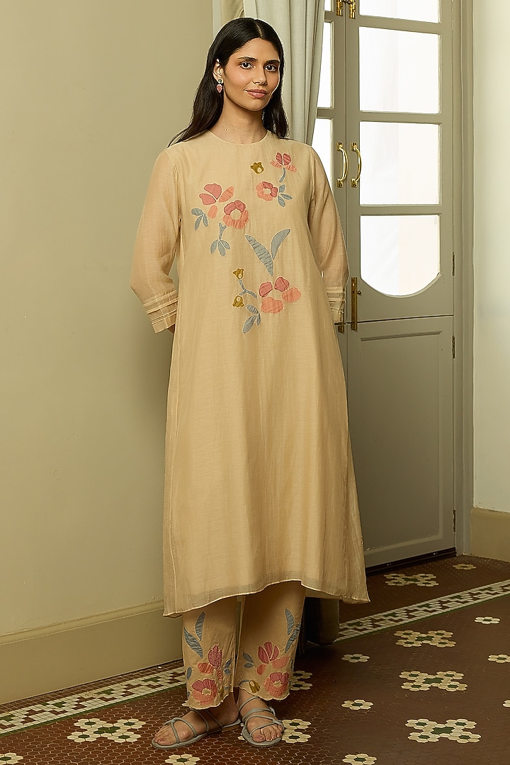 Sand-Colored Muslin Cotton Embroidered Co-Ord Set by Vaayu at Pernia's Pop Up Shop