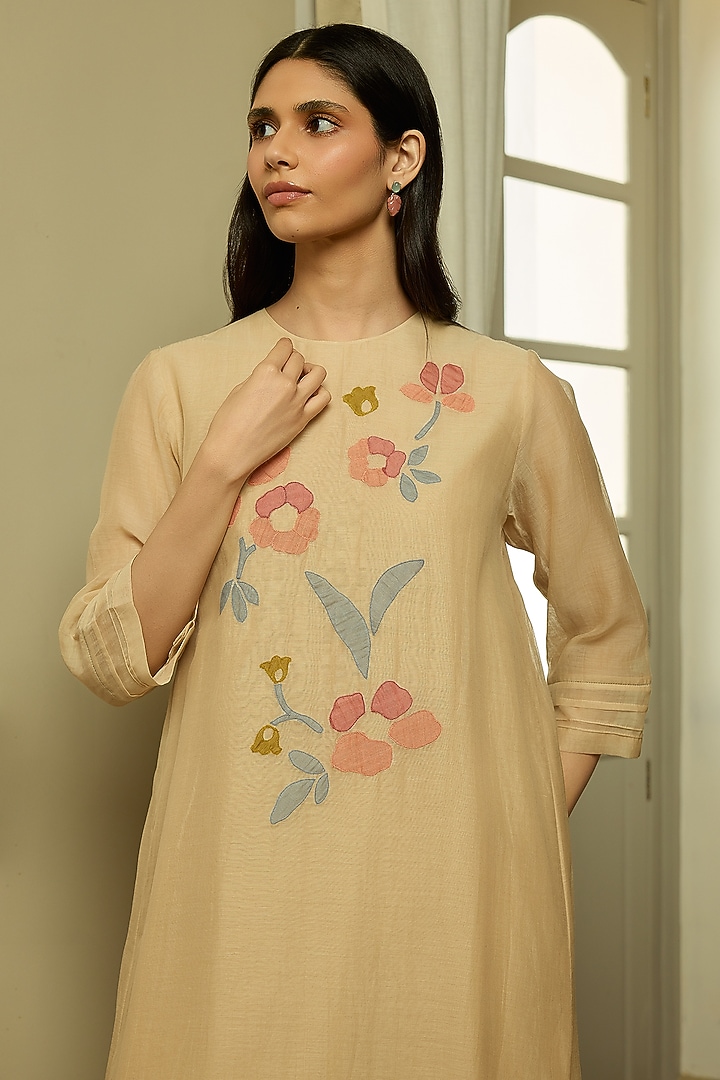 Sand-Colored Muslin Cotton Embroidered Co-Ord Set by Vaayu at Pernia's Pop Up Shop