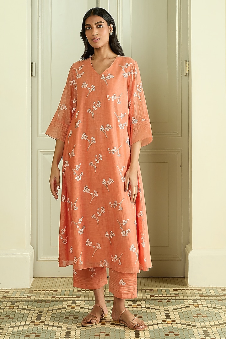 Tangerine Muslin Cotton Embroidered Co-Ord Set by Vaayu at Pernia's Pop Up Shop