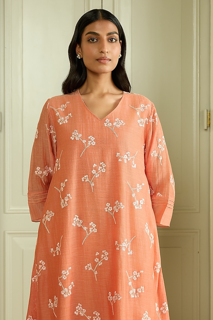 Tangerine Muslin Cotton Embroidered Co-Ord Set by Vaayu at Pernia's Pop Up Shop
