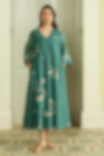 Emerald Muslin Cotton Embroidered & Printed Summer Dress by Vaayu at Pernia's Pop Up Shop