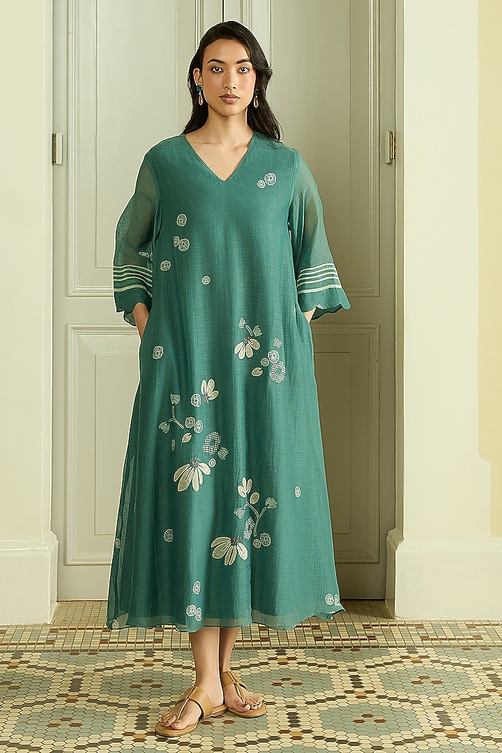 Emerald Muslin Cotton Embroidered & Printed Summer Dress by Vaayu at Pernia's Pop Up Shop
