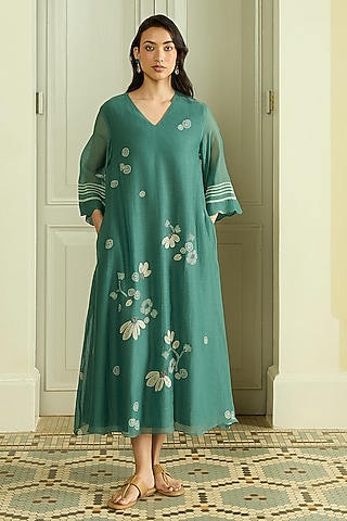 Emerald Muslin Cotton Embroidered & Printed Dress by Vaayu