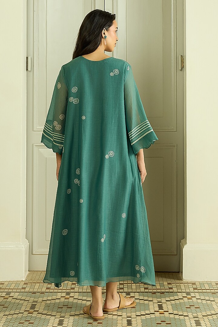 Emerald Muslin Cotton Embroidered & Printed Summer Dress by Vaayu at Pernia's Pop Up Shop