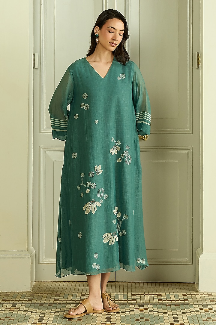 Emerald Muslin Cotton Embroidered & Printed Summer Dress by Vaayu at Pernia's Pop Up Shop